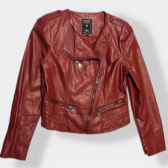 Red Guess Vegan Fau Tortoiseshell Leather Moto Jacket Large - Picture 1 of 8